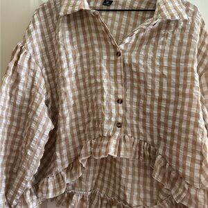 SHEIN Beige Checkered Ruffle Blouse